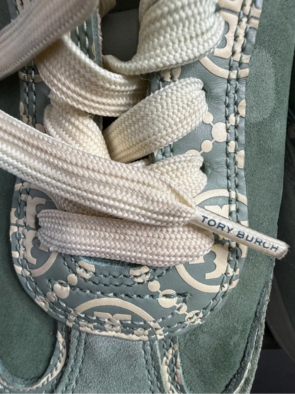 Tory Burch Sage Green Suede Sneakers with Cream Logo Panels